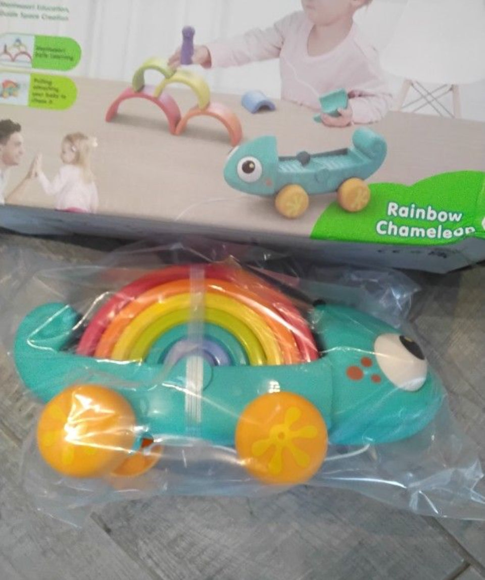 Brand New Choiqua Rainbow Chameleon Stacking Toy, Ages 18 Months - 3 Years, Montessori Learning Push and Pull Toy