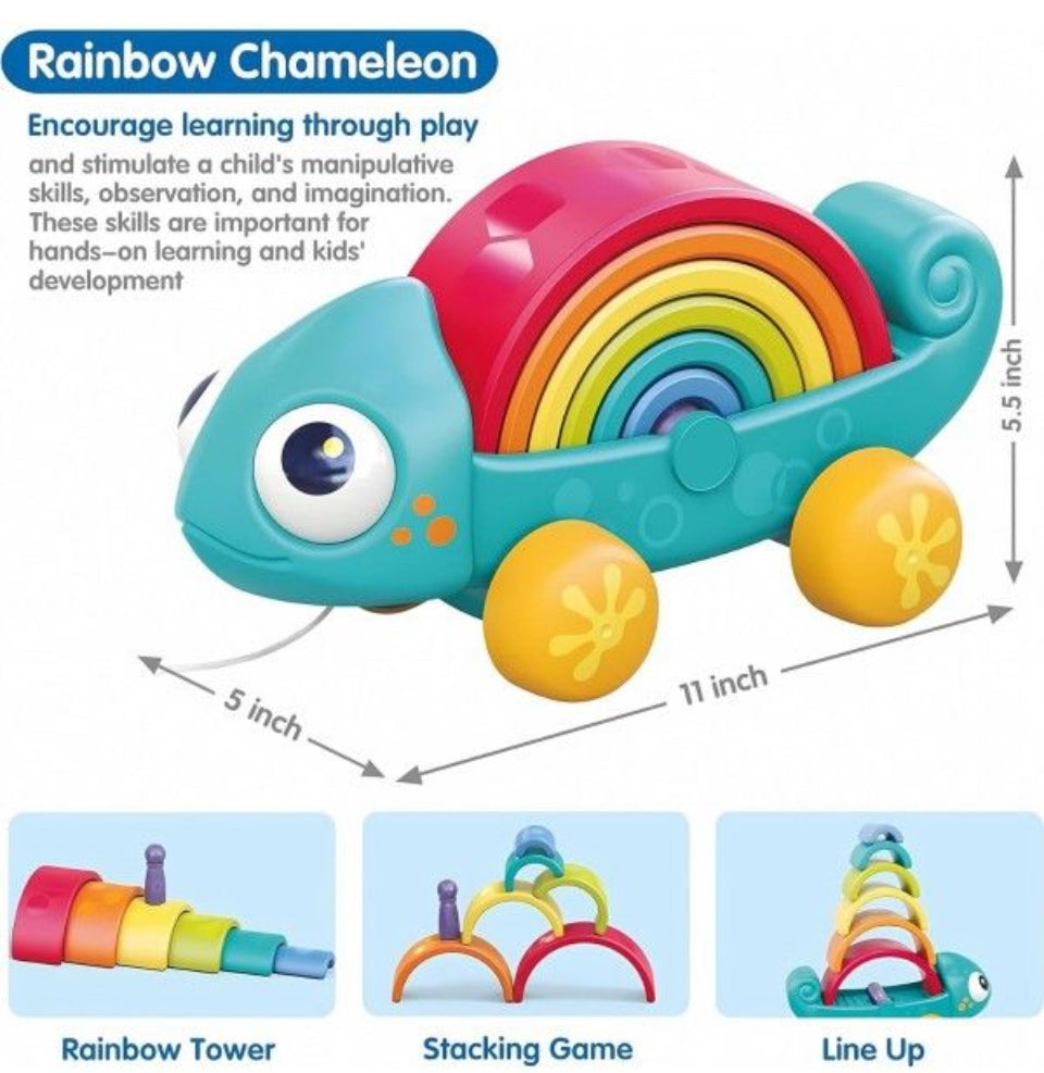 Brand New Choiqua Rainbow Chameleon Stacking Toy, Ages 18 Months - 3 Years, Montessori Learning Push and Pull Toy