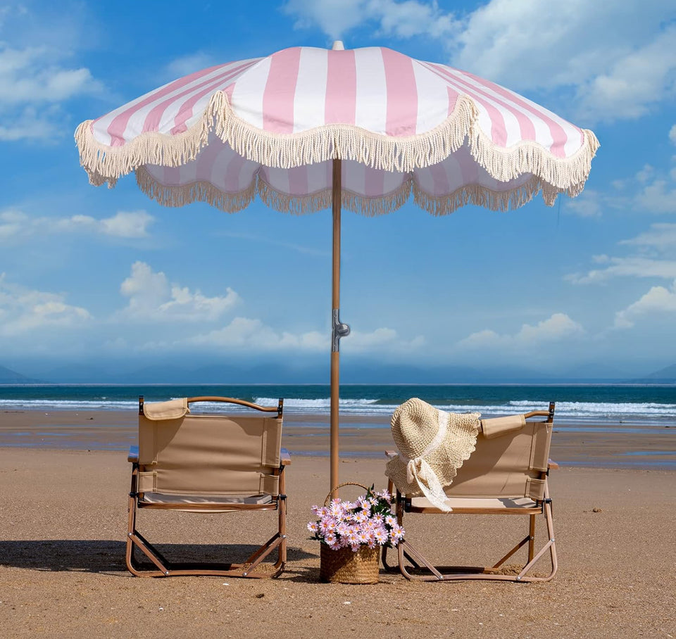 Open Box Funsite 6.5ft Boho Beach Umbrella with Fringe, UPF 50+ Tassel Umbrellas with Carry Bag, Premium Wood Pole Foldable Patio Umbrella for Outdoor