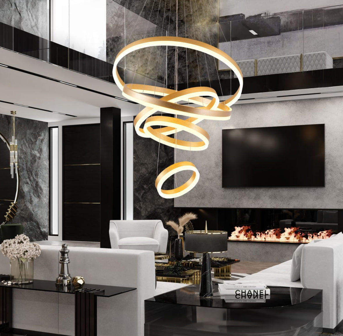 Modern gold chandelier with five adjustable rings in a luxurious living room.