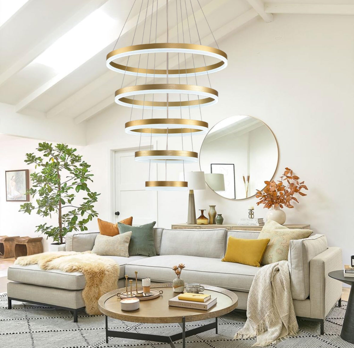 Modern Gold Chandelier 5 Rings Chandelier Dimmable Modern LED Pendant Light, LED Chandelier Lighting Fixture Height Adjustable Ceiling Hanging Modern