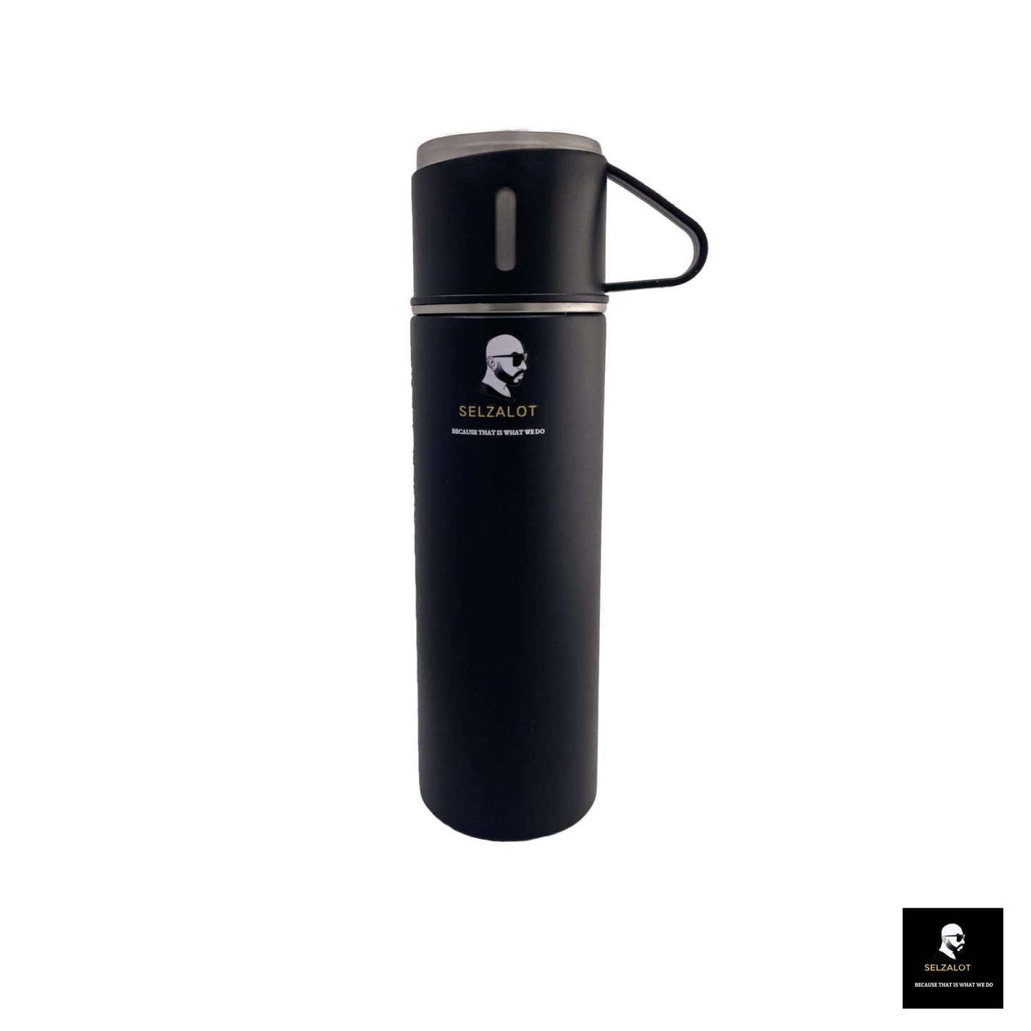 SELZALOT Stainless Steel Vacuum Flask Set, 500ML Gift Set, Black, Thickened Food Grade 304 Stainless Steel, Durable Insulation, Ergonomic Design, with 3 Cups - Selzalot