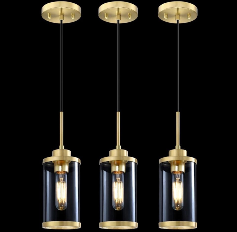 Rainlighting 3 Pack modern industrial farmhouse pendant ceiling lights with clear cylindrical glass and brushed bronze finish