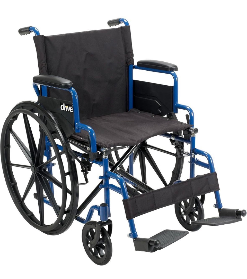 Open box new Drive Medical Blue Streak Wheelchair with Flip Back Desk Arms, Swing Away Footrests,FoldingDesk Length Arms, Alloy Steel, 20 Inch Seat