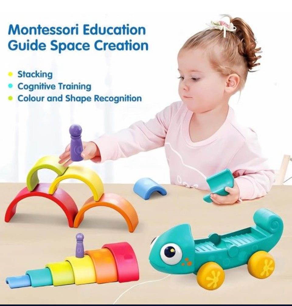 Brand New Choiqua Rainbow Chameleon Stacking Toy, Ages 18 Months - 3 Years, Montessori Learning Push and Pull Toy