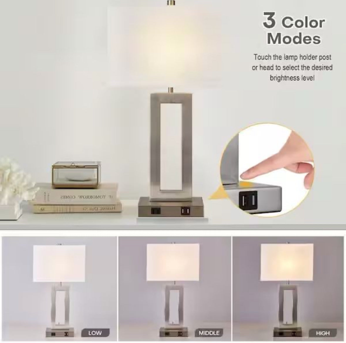 Open Box LamQee 20 in. Brushed Nickel Touch Control Bedside Table Lamp with White Fabric Shade (2-Pack)