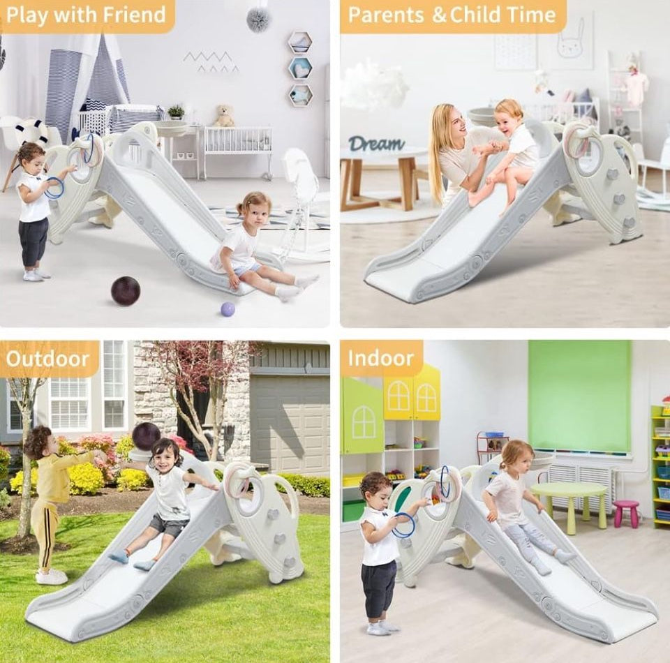 Open Box Onasti Kids Slide for Toddlers Age 1-3 Indoor Baby Plastic Slide Outdoor Climber Freestanding Playset with Basketball Hoop & Ring Game Grey