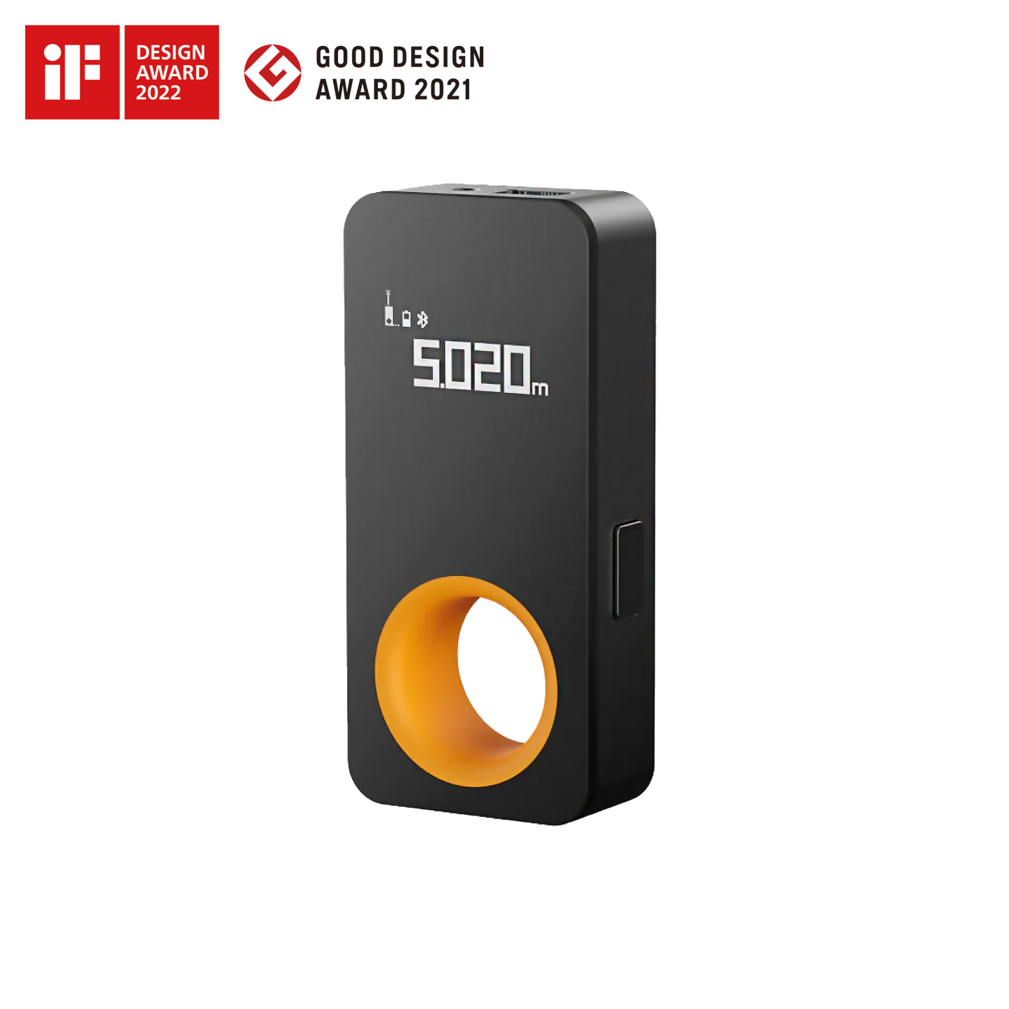 Compact black laser measure with OLED display, 98ft range, 1/16 inch accuracy, Bluetooth sync, and USB-C charging