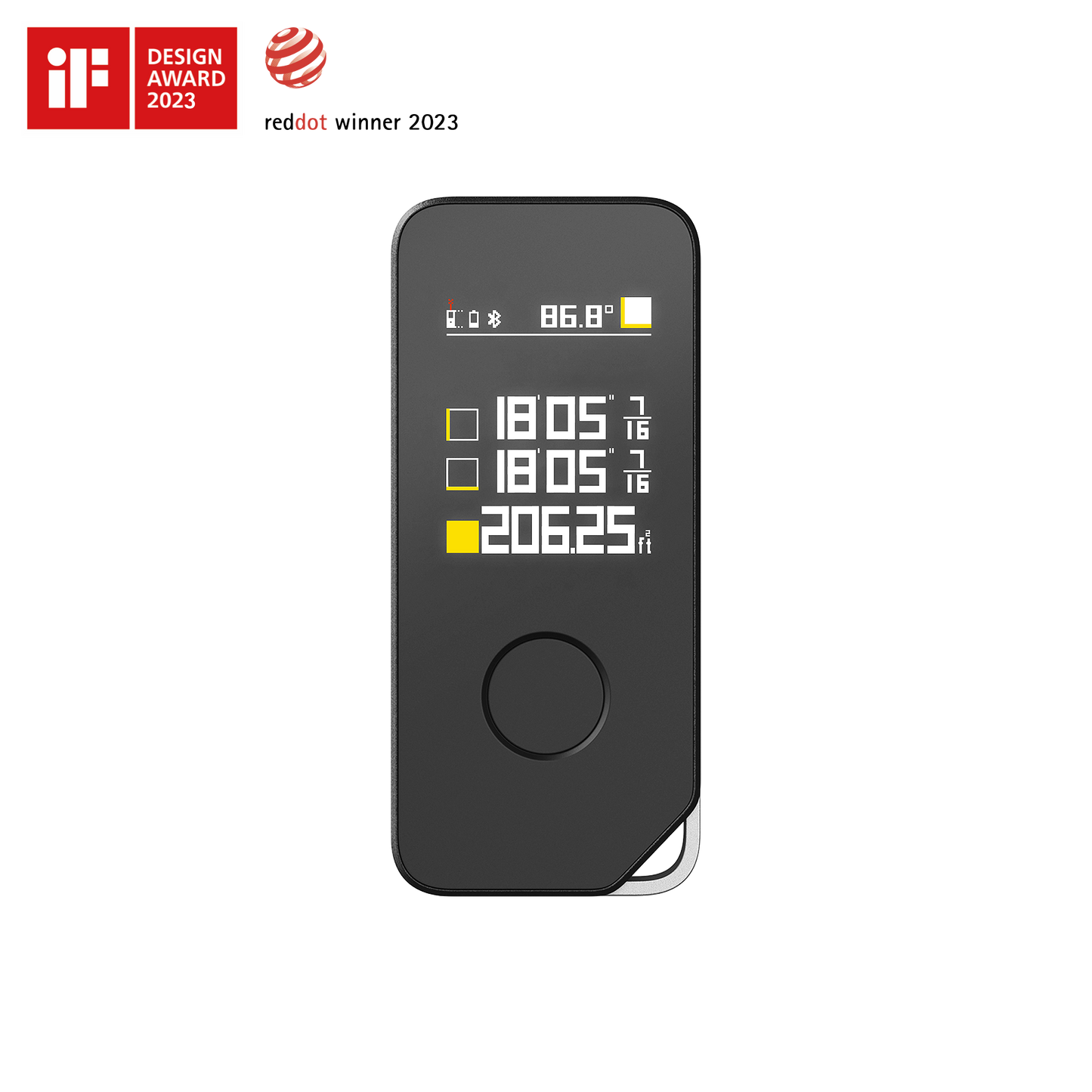 Compact black HOTO Laser Measure PRO with 1.8-inch LED color display showing measurement data and angle, featuring precision laser measuring tool with Bluetooth sync and multiple units.