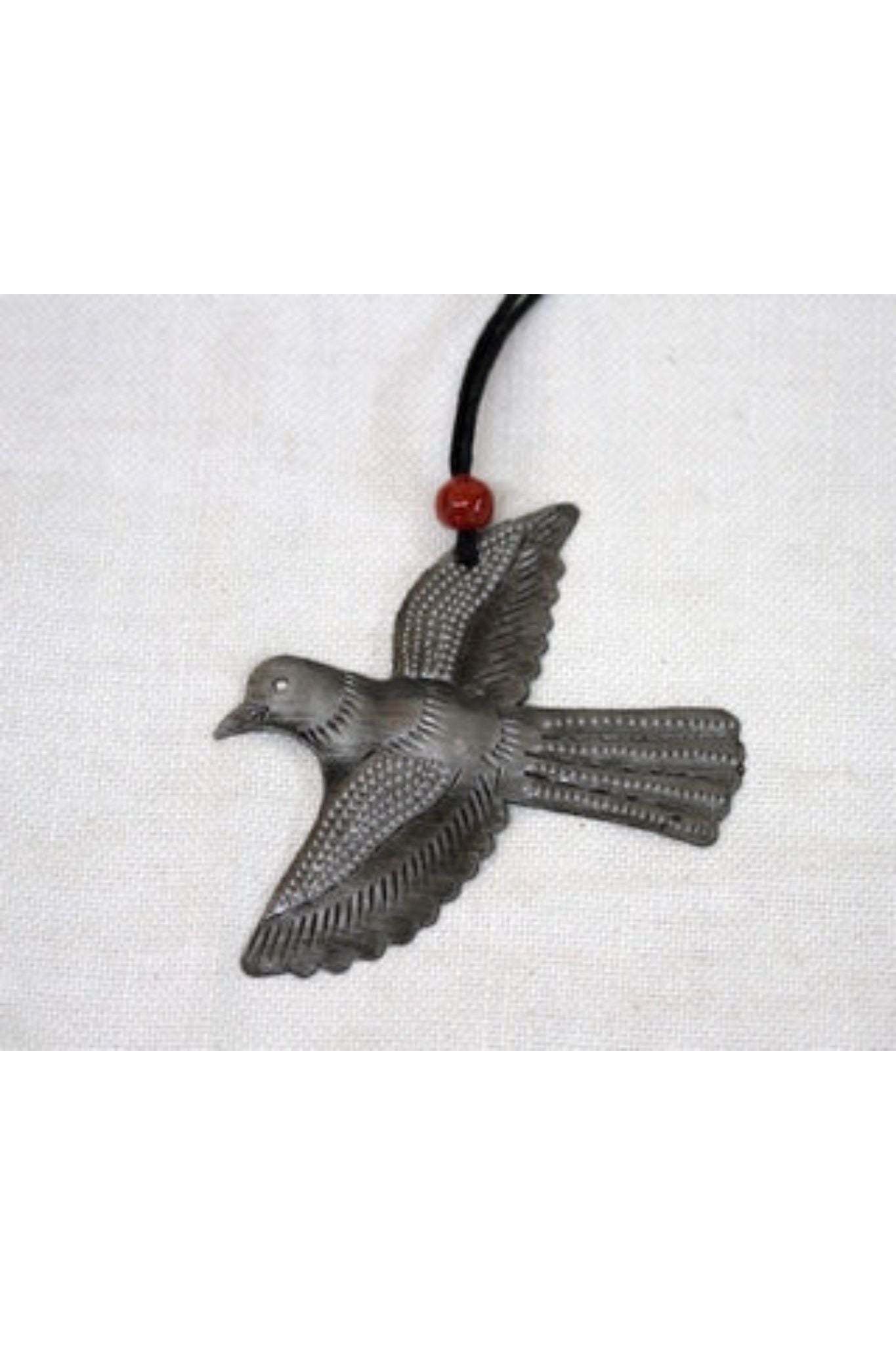 Handcrafted Metal-Art Bird Ornament with intricate details, upcycled steel, cotton cord, and clay bead, 4.5 inch wingspan.