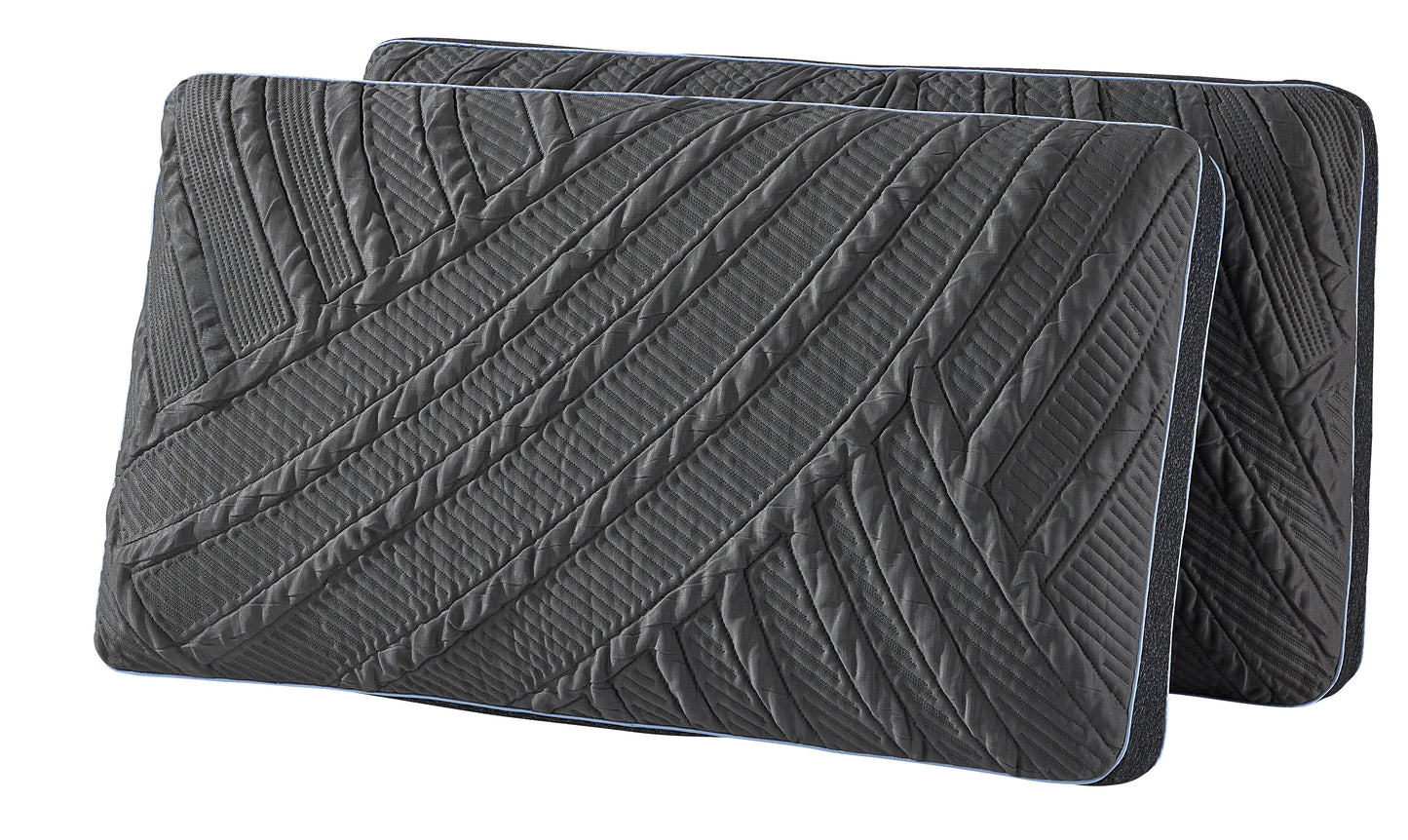 Pair of dark gray PowerCool Pillows with quilted cooling knit fabric cover and ergonomic design.