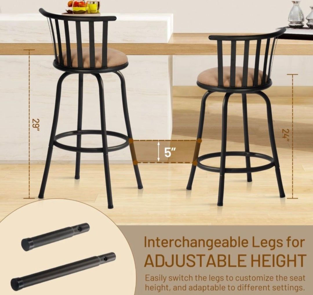 Open Box FurnitureR Adjustable Classic Barstools Set of 2, Country Style Bar Chairs with Back and Footrest Swivel Counter Height Bar Stools with Inter