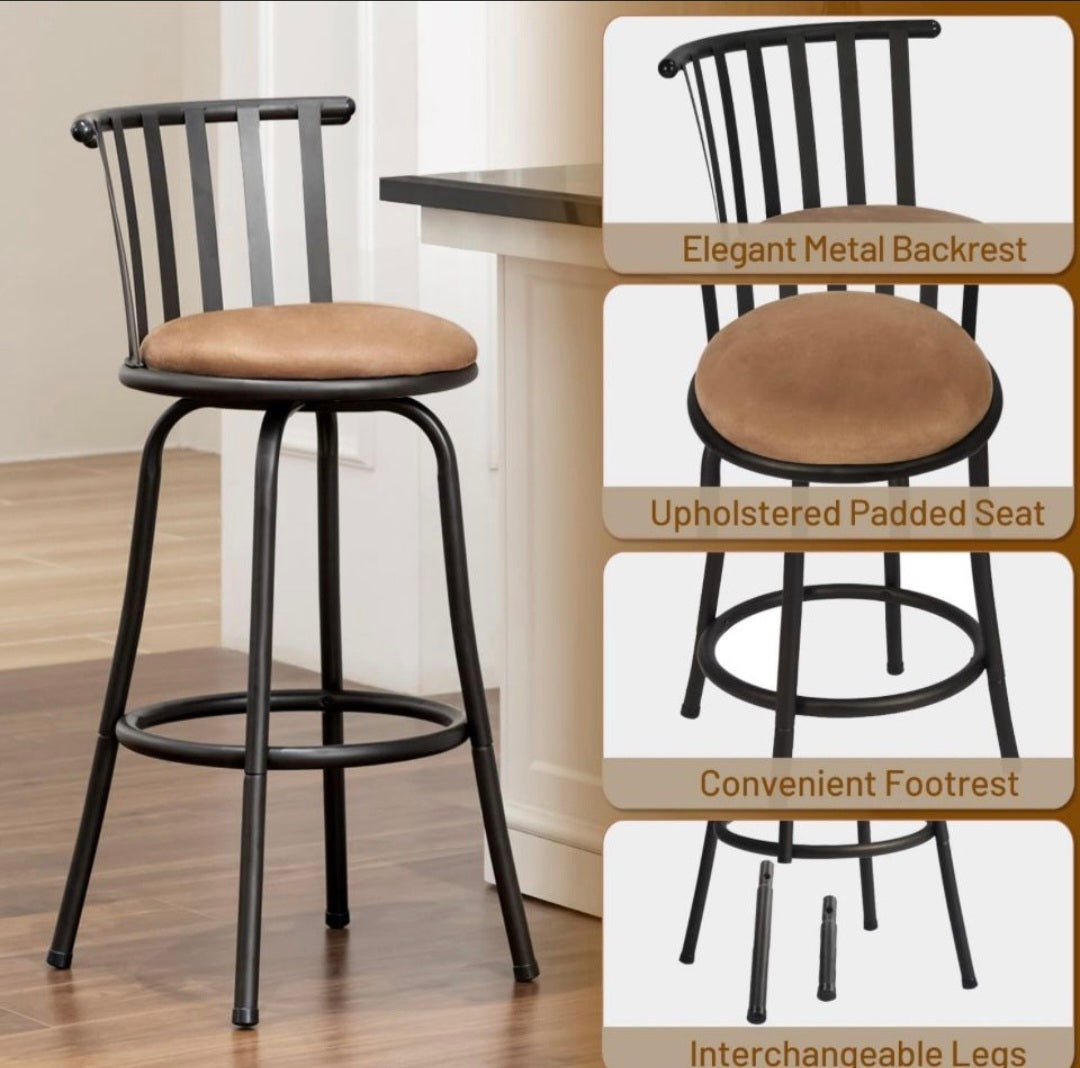Open Box FurnitureR Adjustable Classic Barstools Set of 2, Country Style Bar Chairs with Back and Footrest Swivel Counter Height Bar Stools with Inter