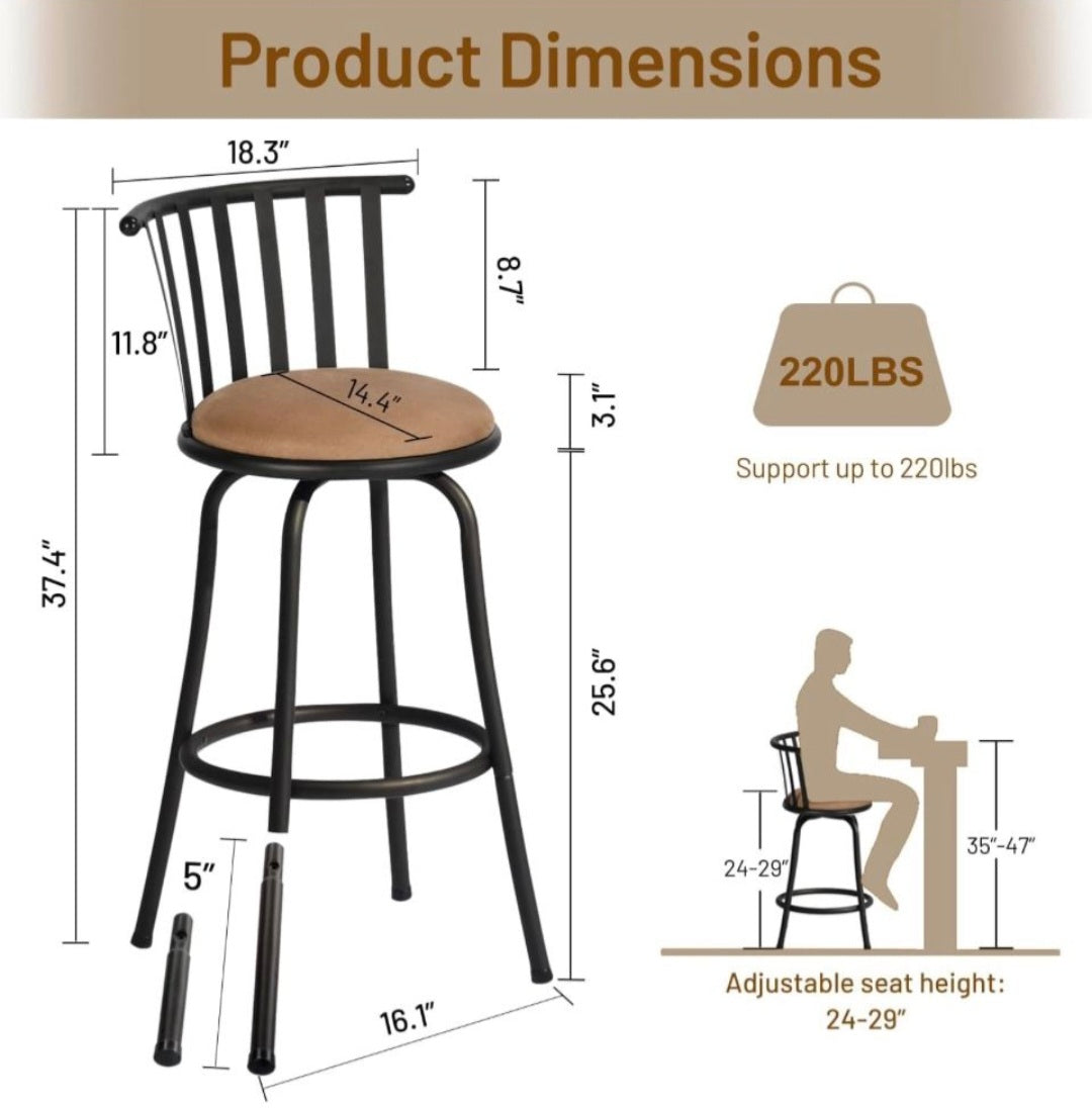 Open Box FurnitureR Adjustable Classic Barstools Set of 2, Country Style Bar Chairs with Back and Footrest Swivel Counter Height Bar Stools with Inter