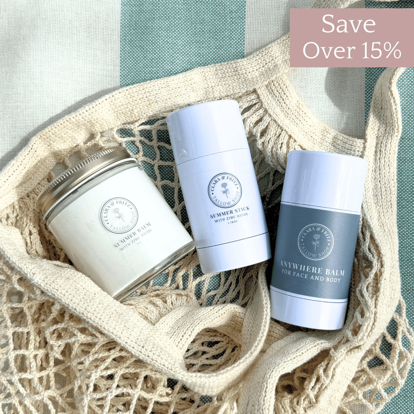 Sun-kissed Trio sun care set with Summer Balm, Summer Stick, and Anywhere Balm in a mesh bag, natural skincare products for sun protection and aftercare