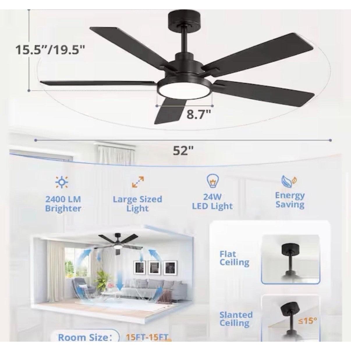 MOKSILED 52 in. Indoor Black Powerful LED Silent 6 Wind Speed Modern Ceiling Fan
