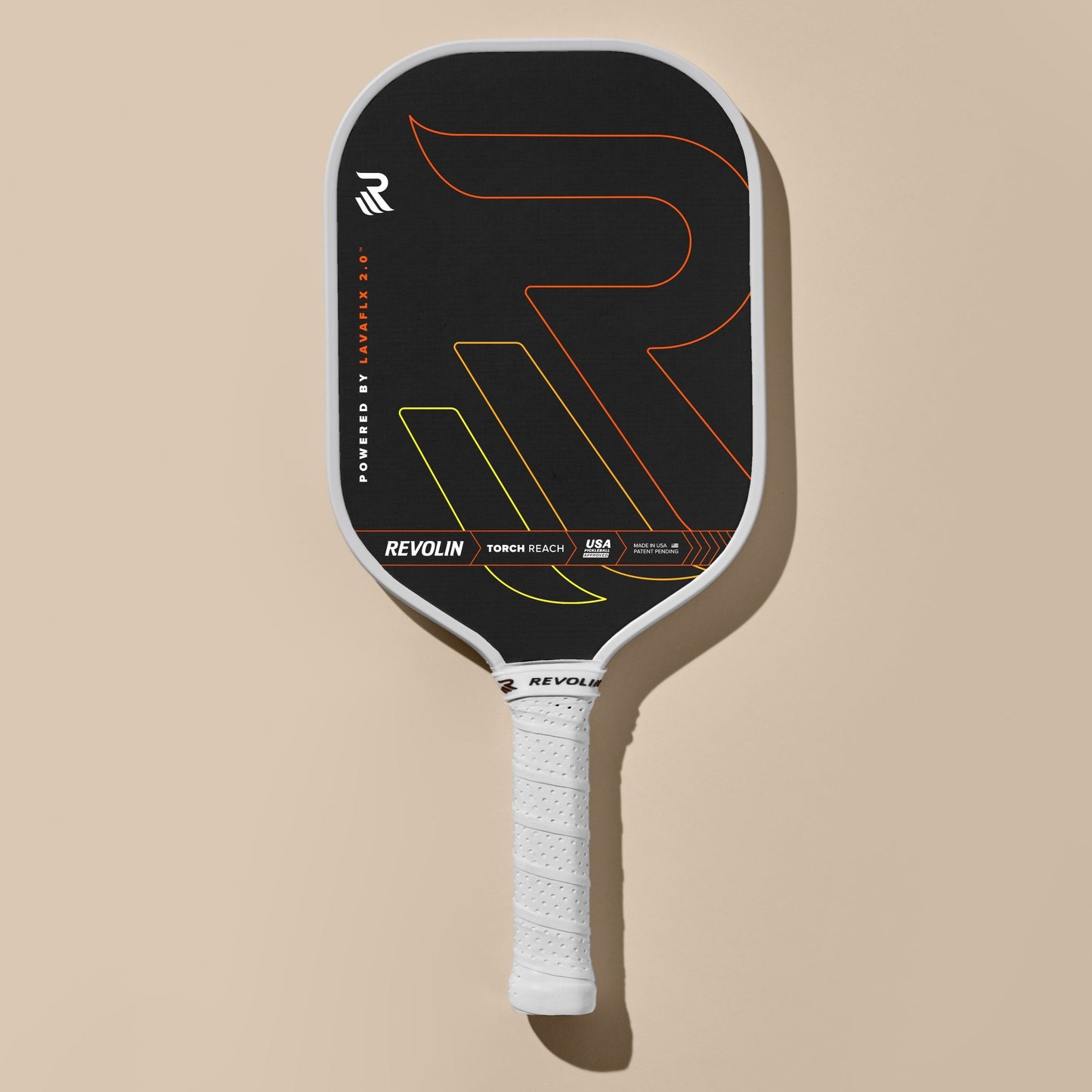 TORCH Reach Pickleball Paddle with black face, white grip, basalt fiber layer, designed for power, spin, and control, made in USA