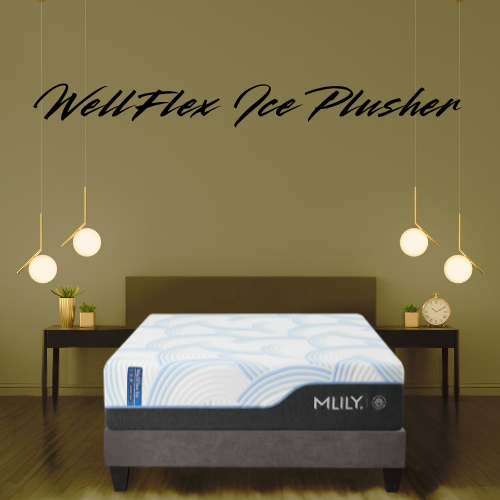 WellFlex Ice Plusher gel-infused memory foam mattress with cooling fabric cover on bed frame in modern bedroom