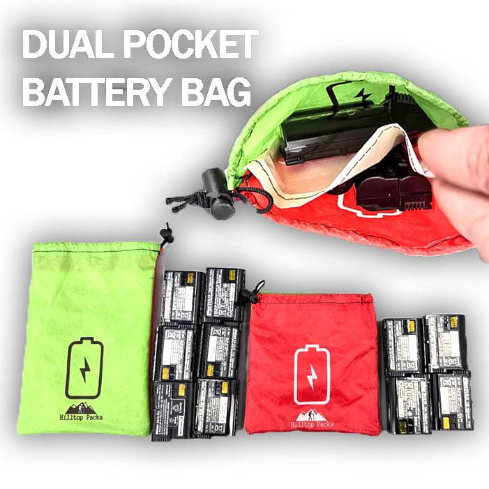 Dual Pocket Battery Bags in green and red with color-coded pockets for charged and dead batteries, holding multiple DSLR batteries.