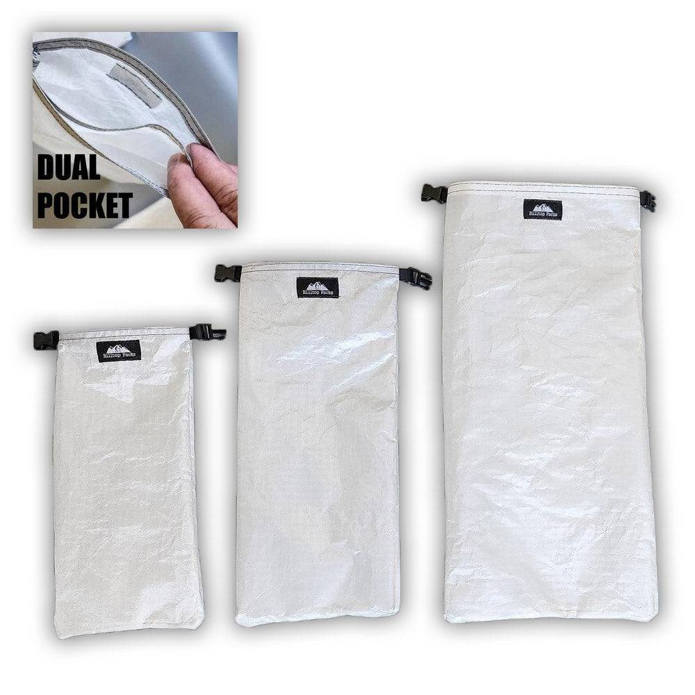 White ultralight dual pocket gadget bags in three sizes made from durable Challenge D50T waterproof fabric