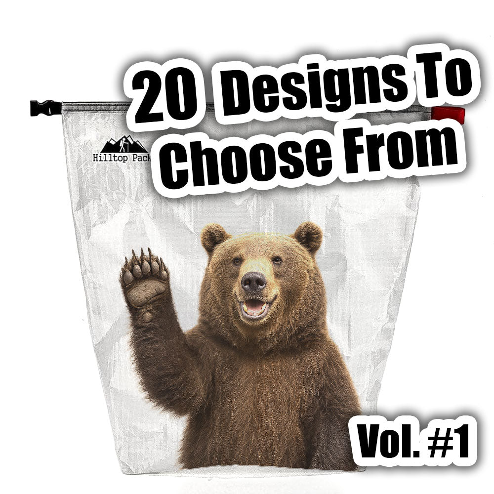 Ultralight printed food bag with fun bear design, made from durable laminated D50T fabric for backpacking and camping.