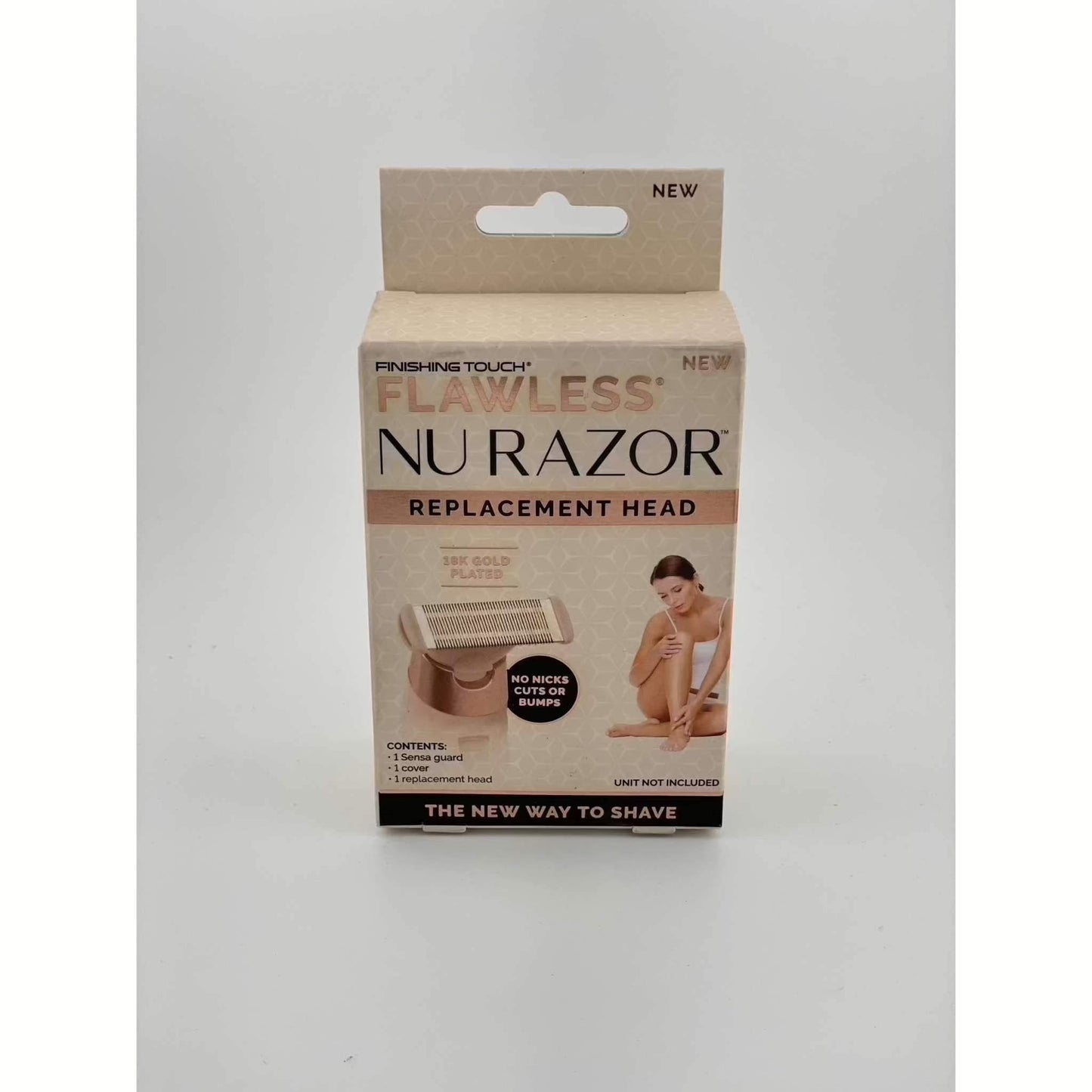 Finishing Touch Flawless Nu Razor 18k gold plated replacement head packaging with smooth shave benefit and woman image