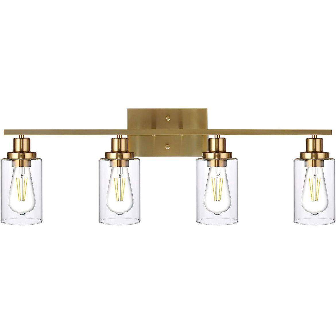 TULUCE brass gold 4-light vanity wall sconce with clear glass shades for elegant bathroom and versatile home lighting