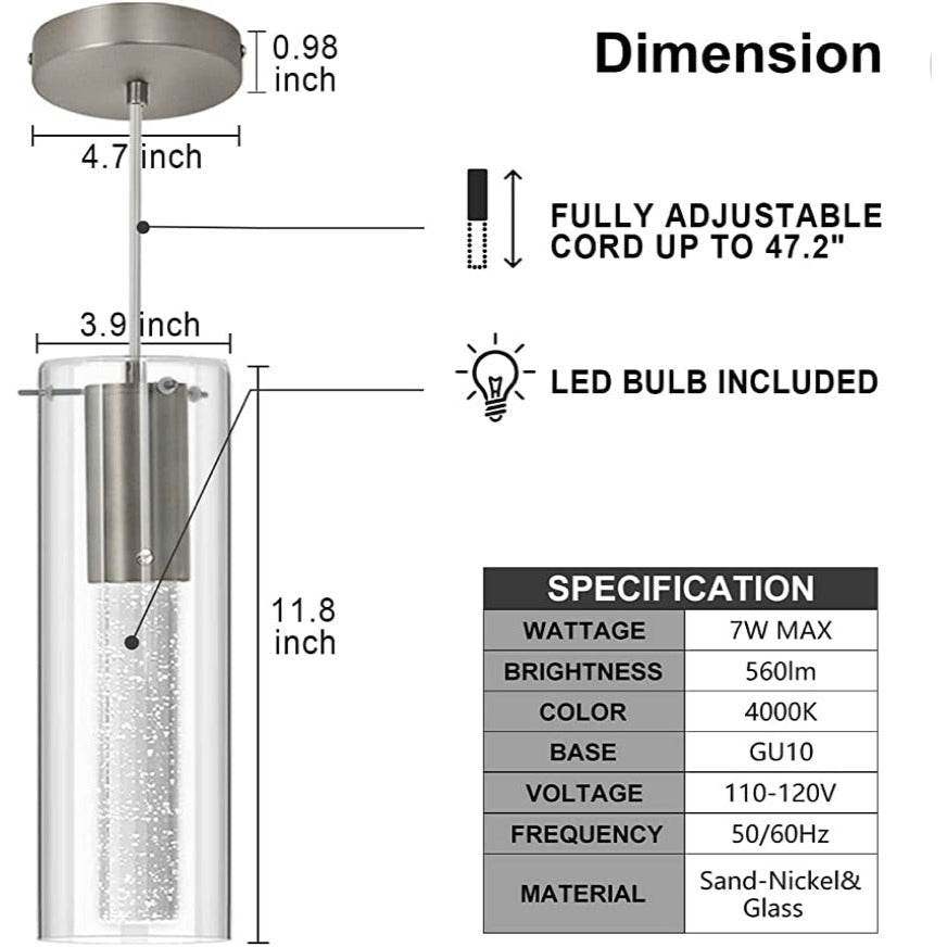 huong son Bubble Glass Pendant Lights Sand-Nickel Brushed, Mini Cylinder Pendant Light Fixture with Glass Shade, Indoor Pendant Lighting Adjustable Length, GU10 4000K LED Bulb Included, 3 Pack - Selzalot