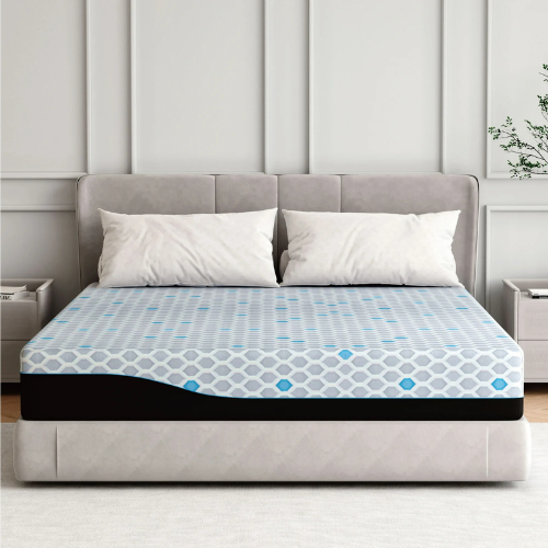 Ego 10 inch charcoal gel memory foam mattress on upholstered bed frame in modern bedroom