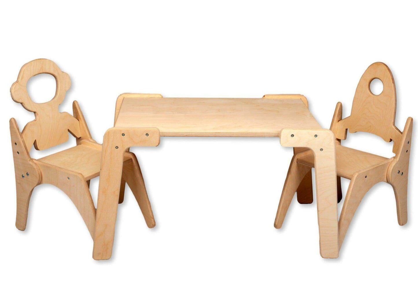 Montessori wooden table and chair set for children with themed backrests promoting independent learning