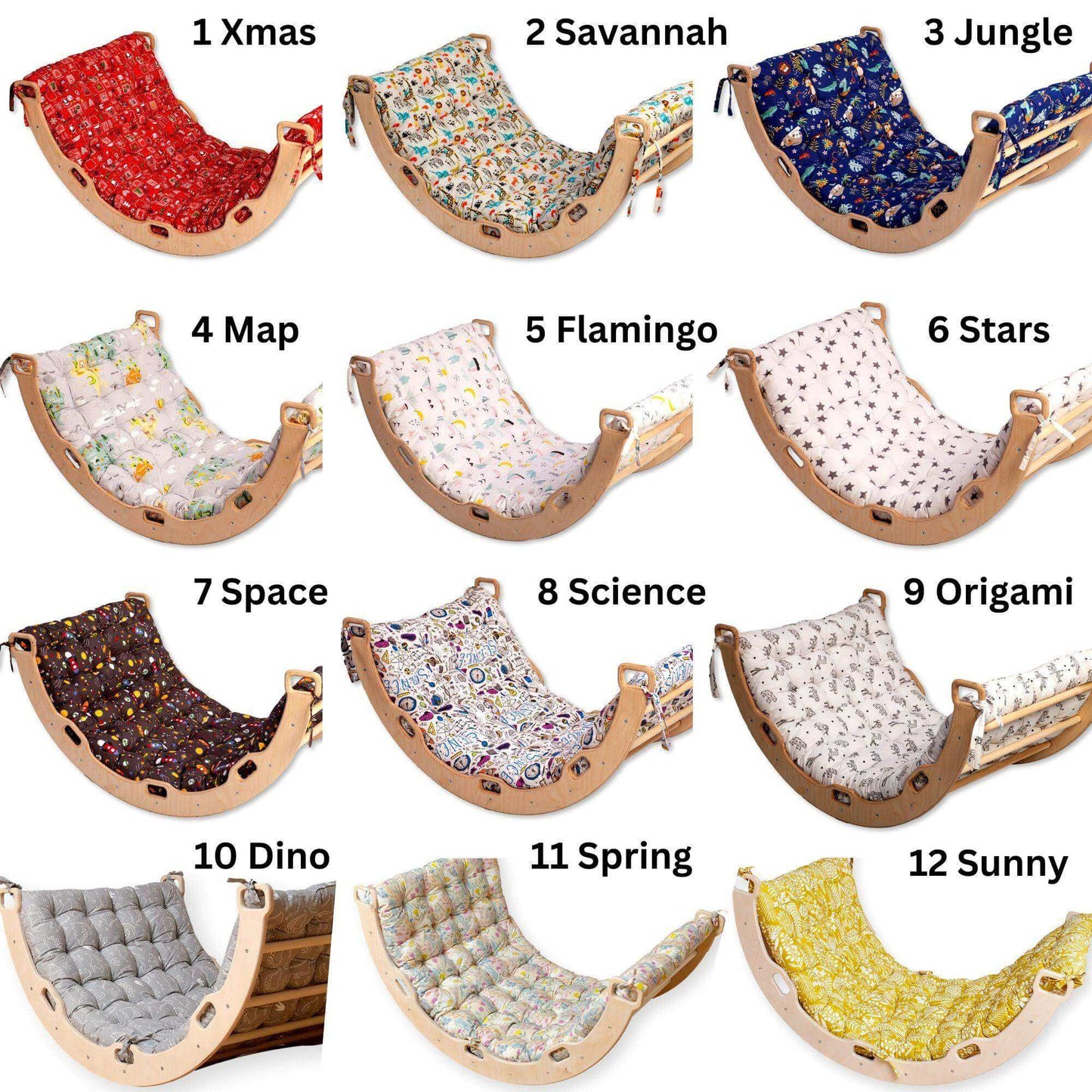 Set of 12 climbing arch pillows with unique cushion designs including Xmas, Savannah, Jungle, Map, Flamingo, Stars, Space, Science, Origami, Dino, Spring, and Sunny patterns