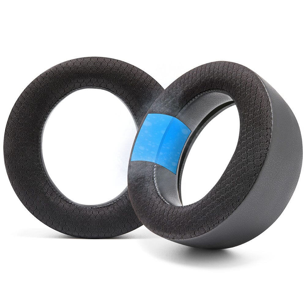 PlayStation Pulse Elite cooling gel earpads with dual-layer gel, breathable fabric, PU leather, memory foam for gaming comfort and sound isolation.
