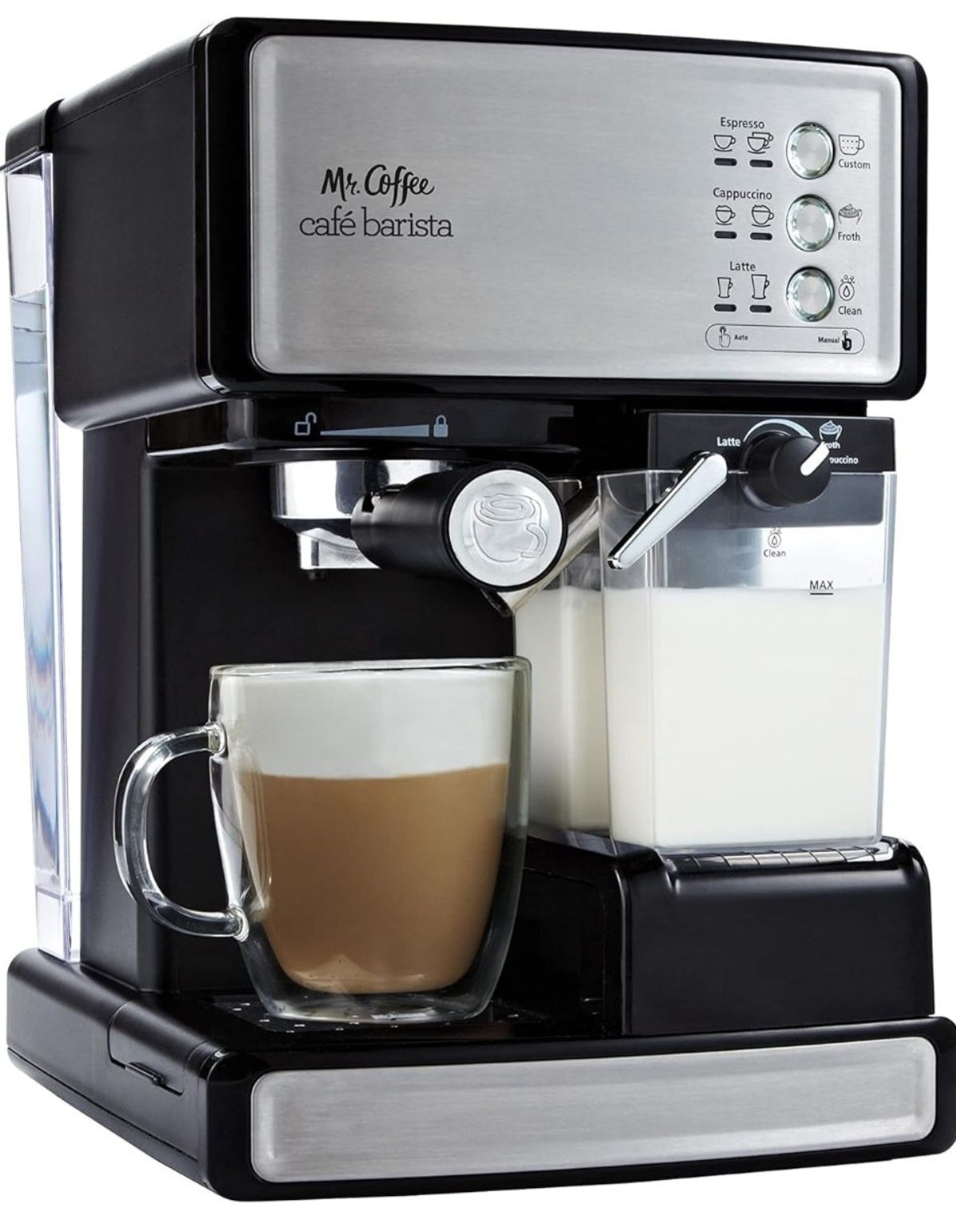 Used Mr. Coffee Espresso machine in stainless steel with automatic milk frother and 15-bar pump for espresso, cappuccino, and latte.