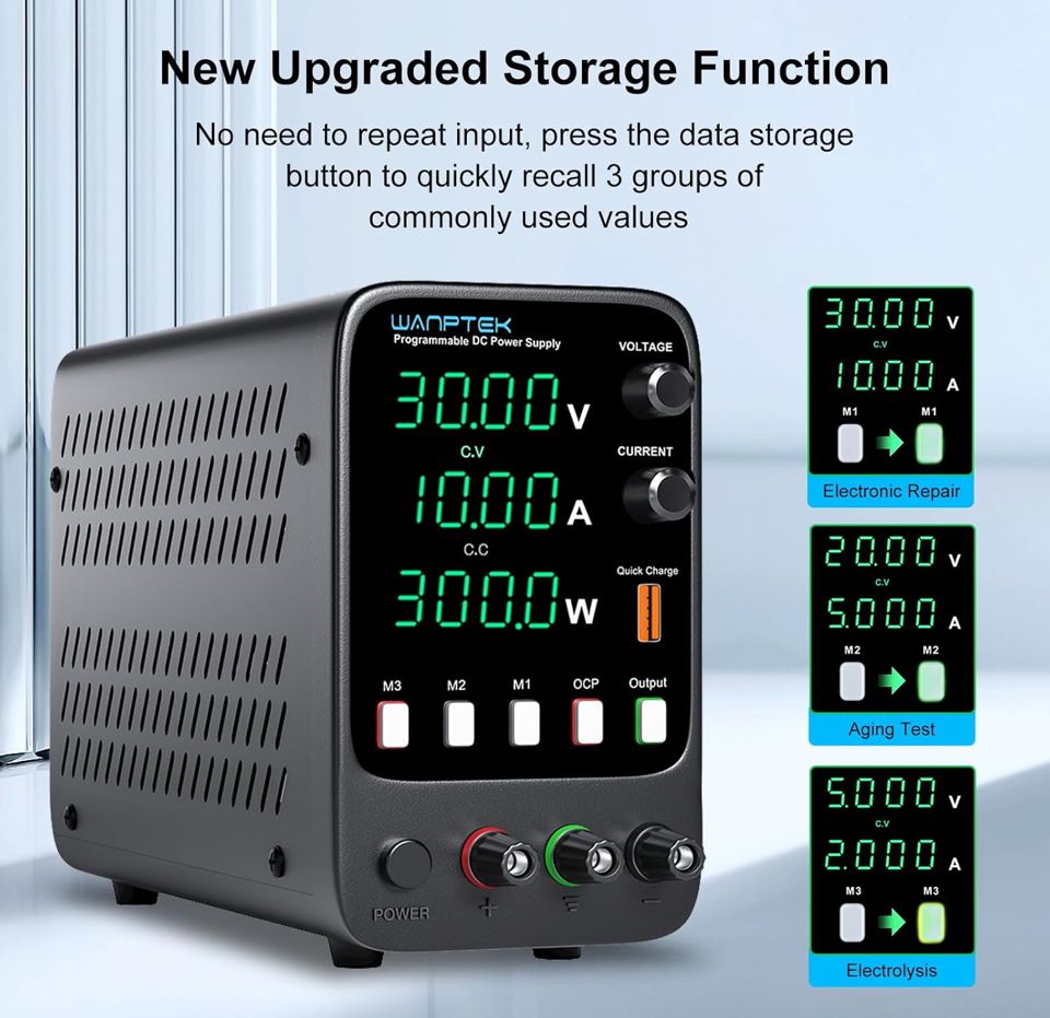 Open Box WANPTEK POWER DC Power Supply Variable 30V 10A Bench Power Supply with 3 Memory Storage, Adjustable Power Supply with Output Switch/OCP