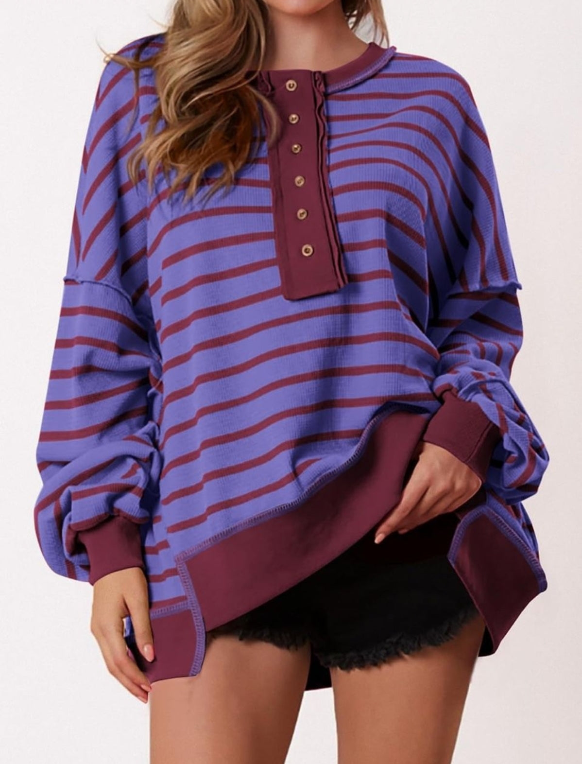 BRAND NEW PRETTYGARDEN Womens Fall 2025 Striped Oversized Sweatshirt Long Sleeve Button Up Henley Neck Waffle Knit Pullover Tunic Tops