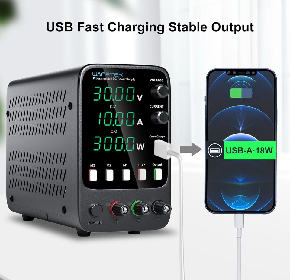 Open Box WANPTEK POWER DC Power Supply Variable 30V 10A Bench Power Supply with 3 Memory Storage, Adjustable Power Supply with Output Switch/OCP