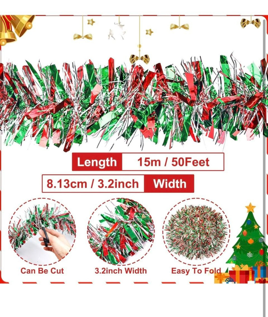 Adisher 50Ft Christmas Tinsel Twist Garland, Metallic Twist Garland Tree Decorations for Christmas Tree New Year Party Birthday Holiday Supplies Indoor and Outdoor Decoration (Red Green Silver)