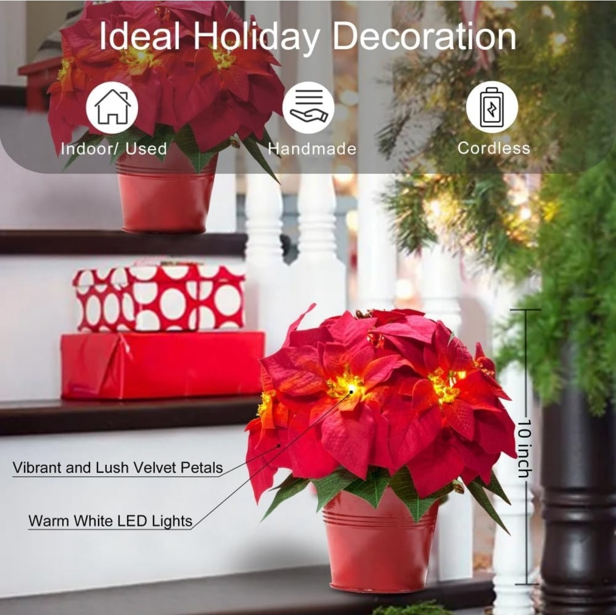 Open Box Homeseasons 2 Pack Christmas Decorations Pre-Lit Artificial Poinsettia Plant - LED Lighted Faux Poinsettia Flowers(Red,10inch)