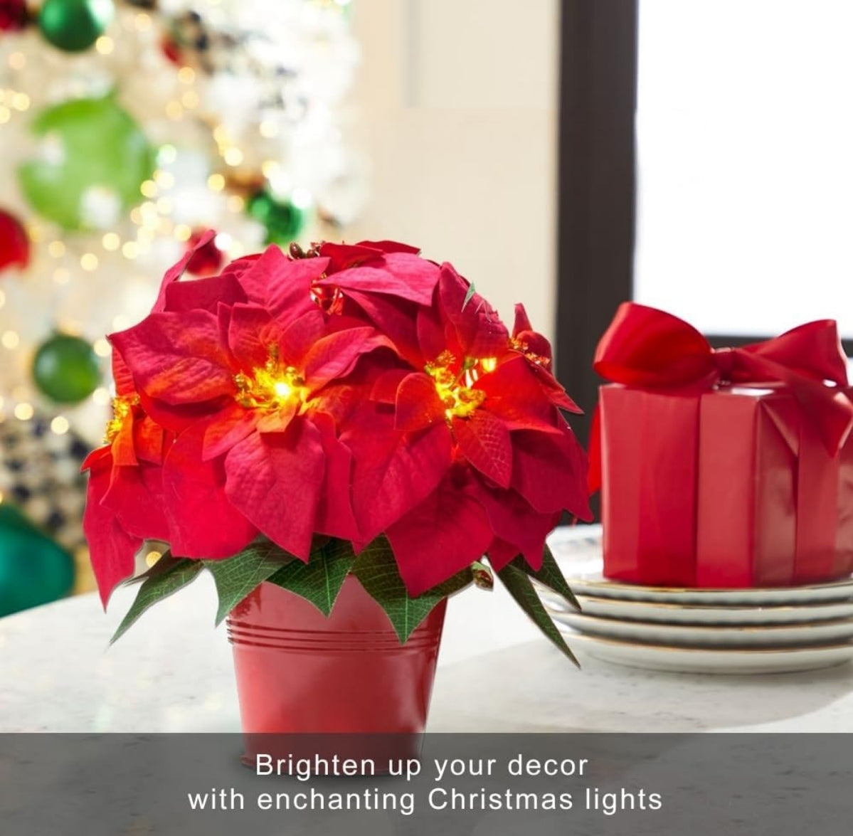 Open Box Homeseasons 2 Pack Christmas Decorations Pre-Lit Artificial Poinsettia Plant - LED Lighted Faux Poinsettia Flowers(Red,10inch)