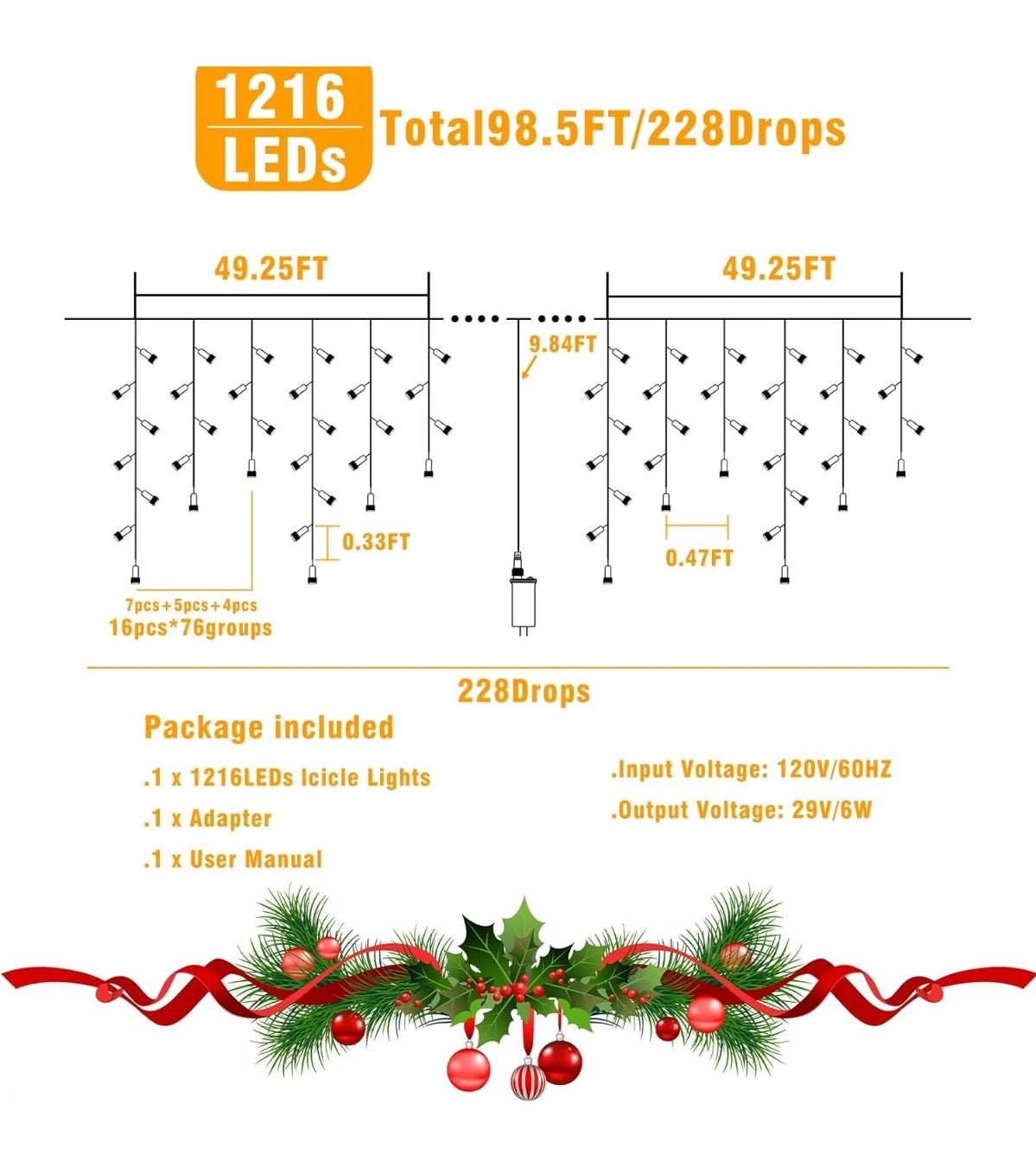 BRAND NEW NIELFOI 99ft Icicle Lights for Outside, Blue Christmas Lights Outdoor Indoor, 1216 LED Twinkle String Light with 228 Drops Short Curtain