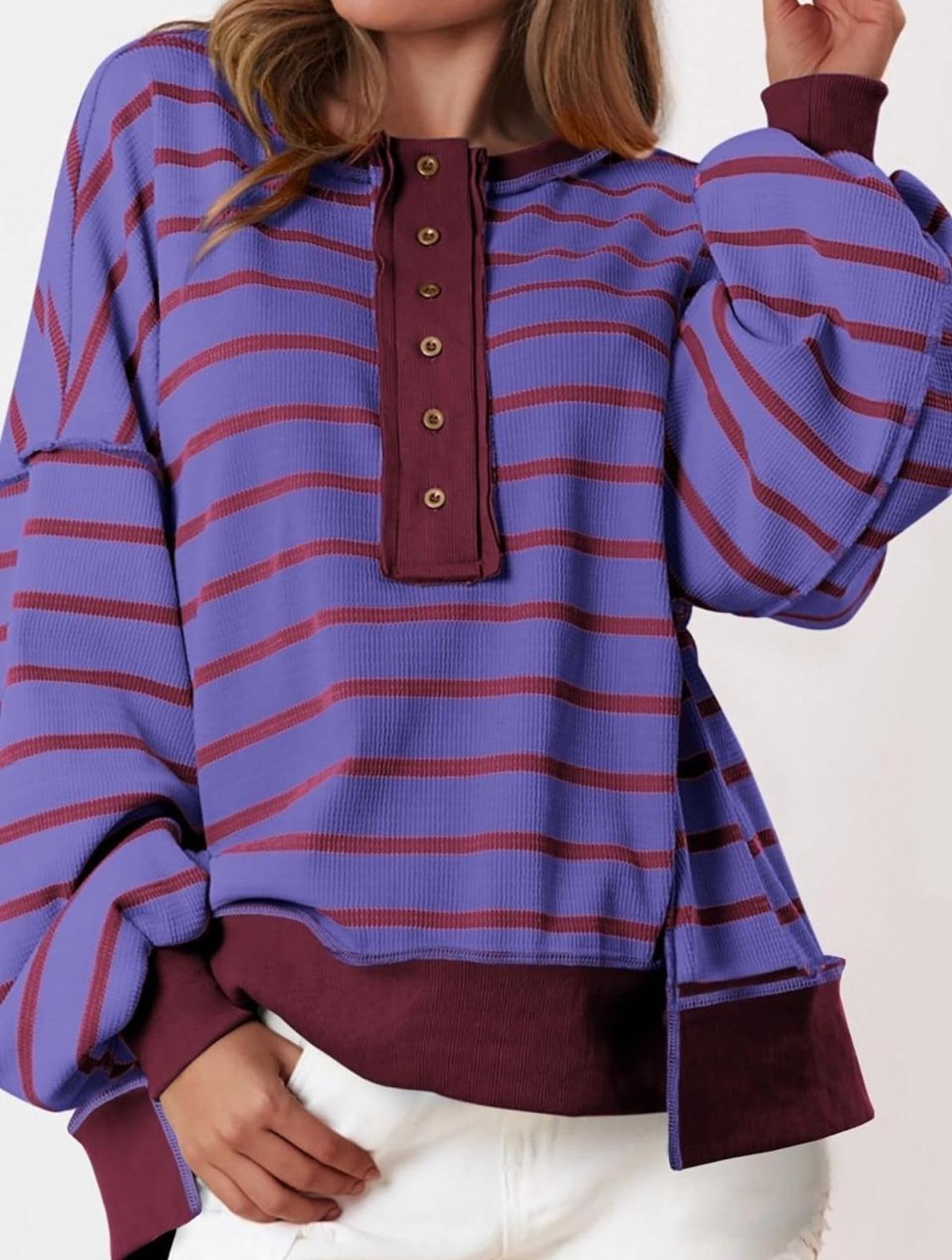 BRAND NEW PRETTYGARDEN Womens Fall 2025 Striped Oversized Sweatshirt Long Sleeve Button Up Henley Neck Waffle Knit Pullover Tunic Tops