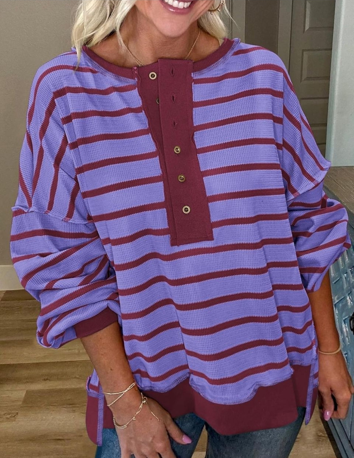 BRAND NEW PRETTYGARDEN Womens Fall 2025 Striped Oversized Sweatshirt Long Sleeve Button Up Henley Neck Waffle Knit Pullover Tunic Tops