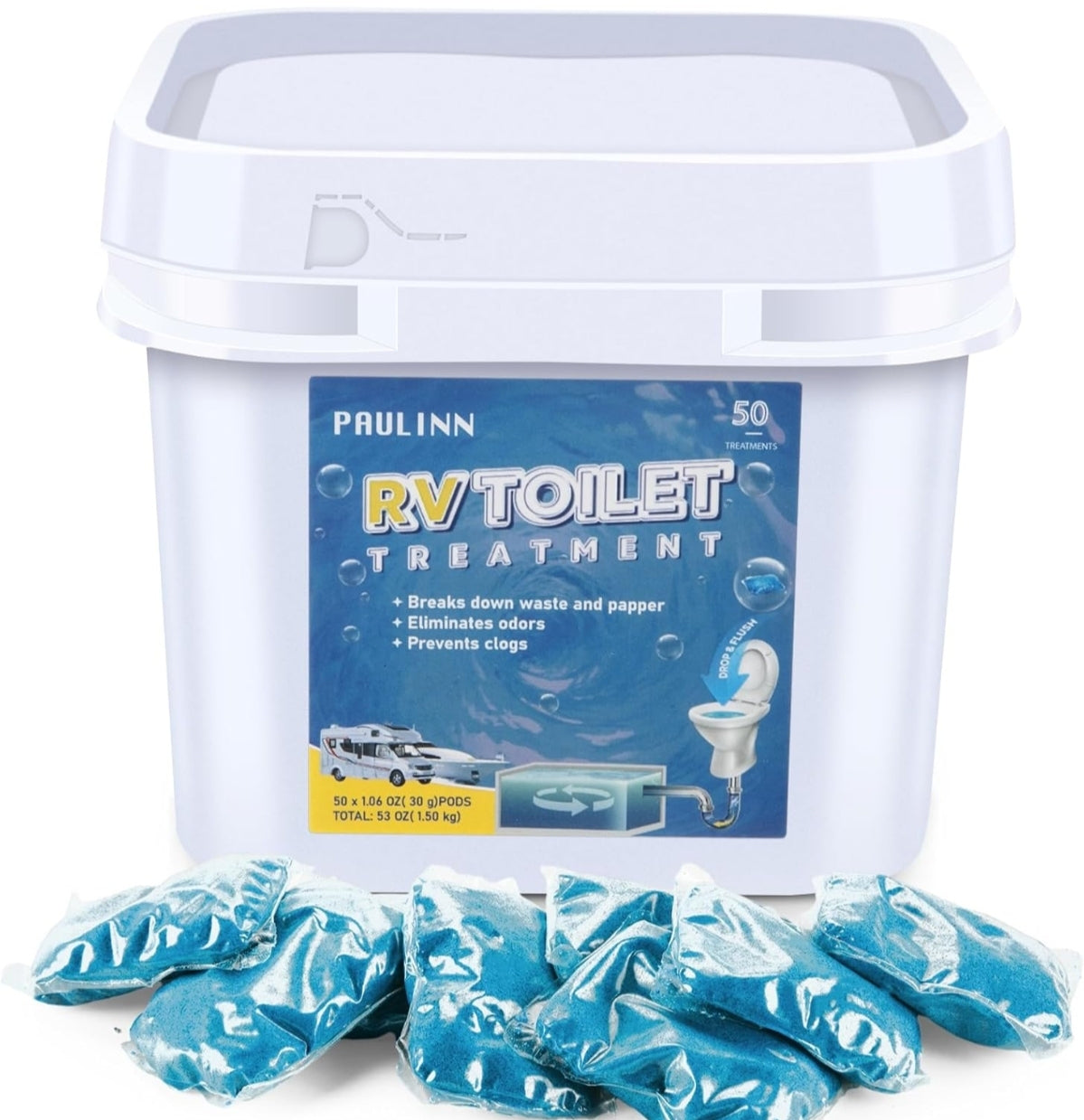 PAULINN RV Toilet Treatment Drop Ins, 50 Packs Septic Tank Treatment Pods Holding Tank Deodorizer for RV Black & Grey Water Tank Camper Mari