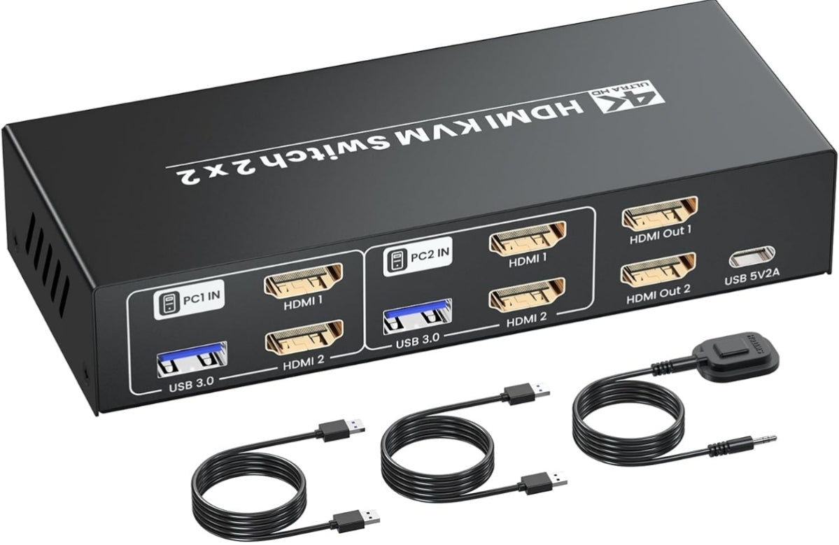 Open Box New Seiryruc HDMI KVM Switch 2 Minitors 2 Computers, USB 3.0 4K@60Hz Dual Monitor HDMI KVM Switch 2 in 2 Out for 2 PC Share 2 Monitors and 1