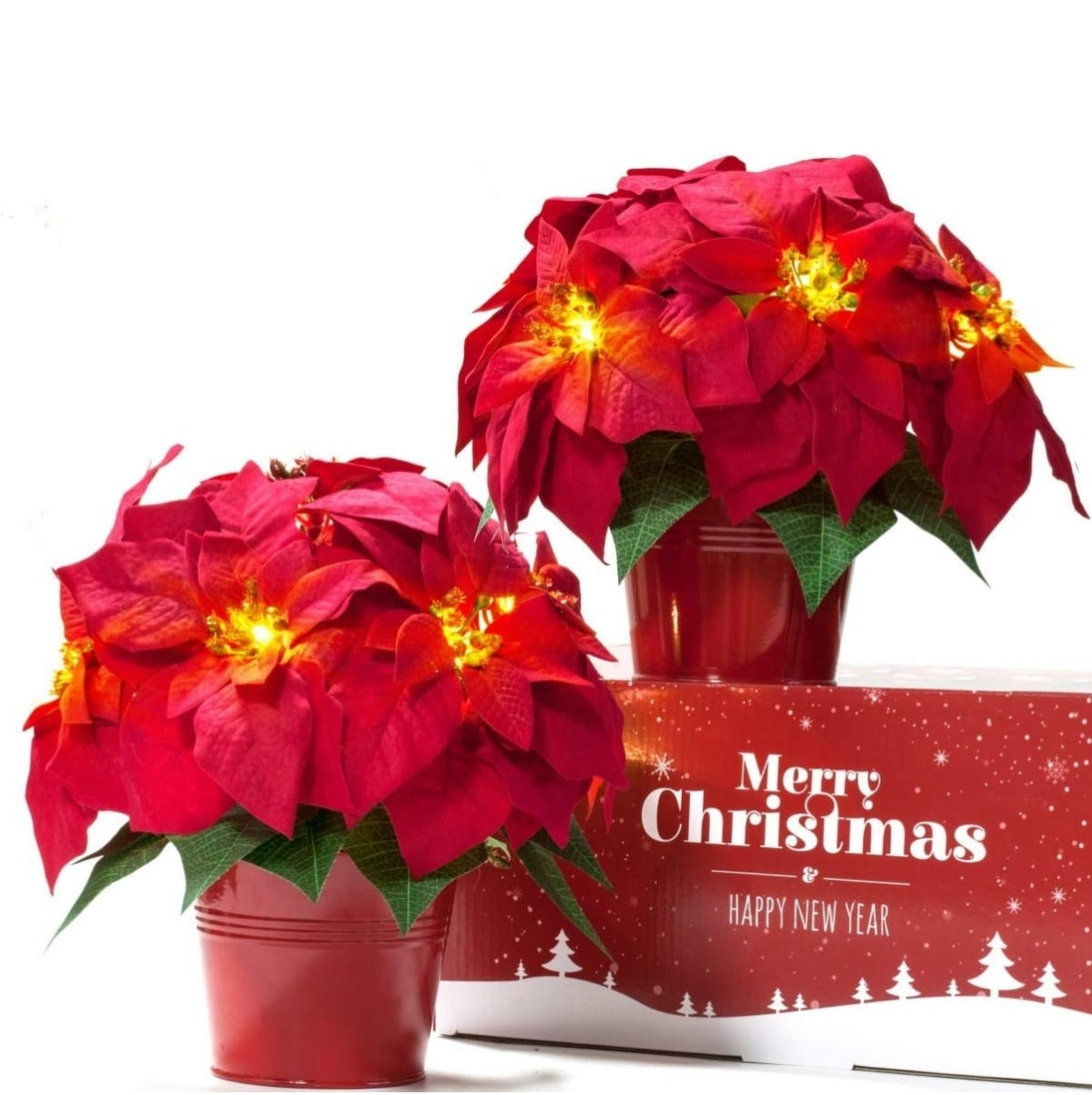 Open Box Homeseasons 2 Pack Christmas Decorations Pre-Lit Artificial Poinsettia Plant - LED Lighted Faux Poinsettia Flowers(Red,10inch)