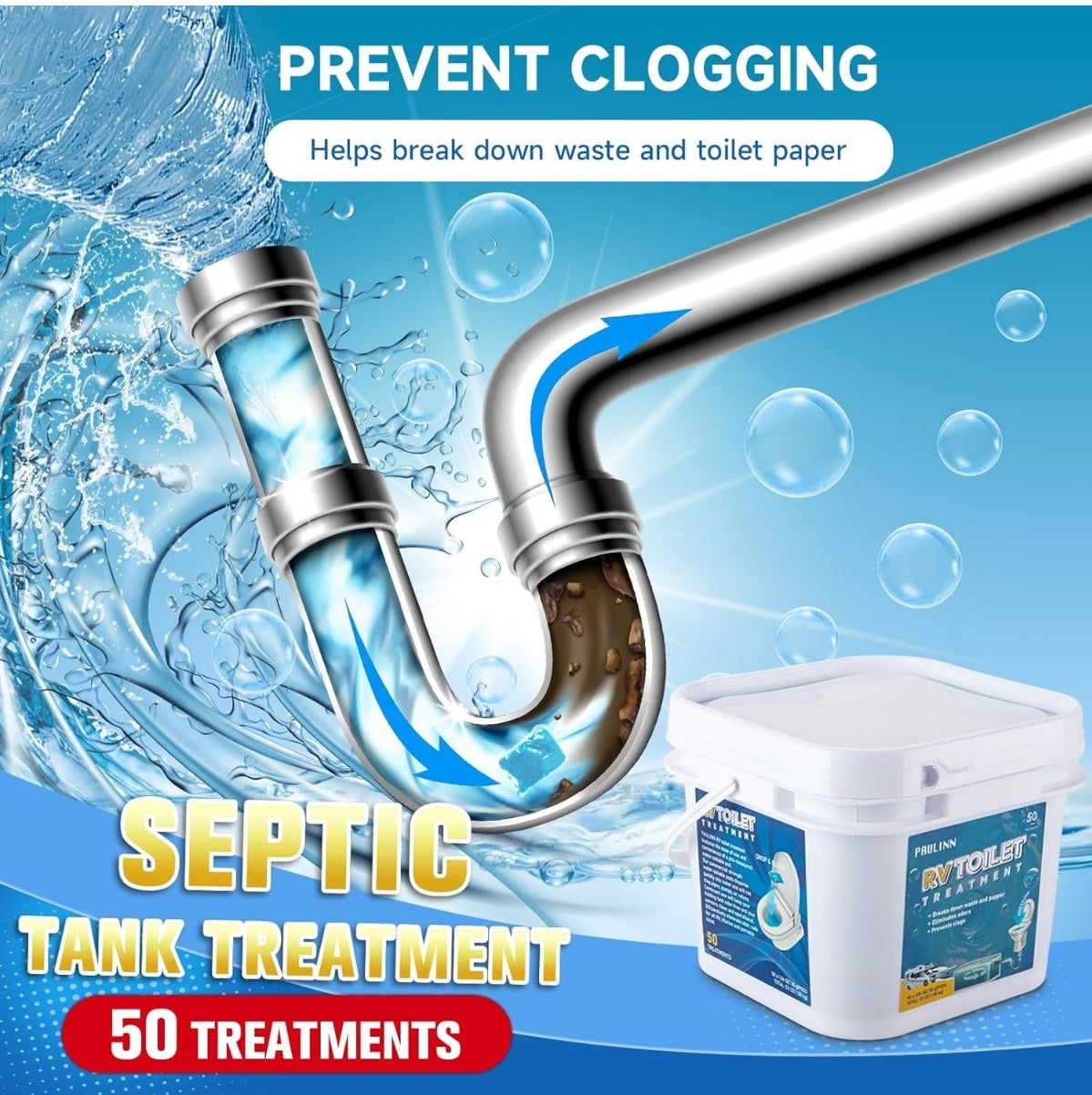 PAULINN RV Toilet Treatment Drop Ins, 50 Packs Septic Tank Treatment Pods Holding Tank Deodorizer for RV Black & Grey Water Tank Camper Mari