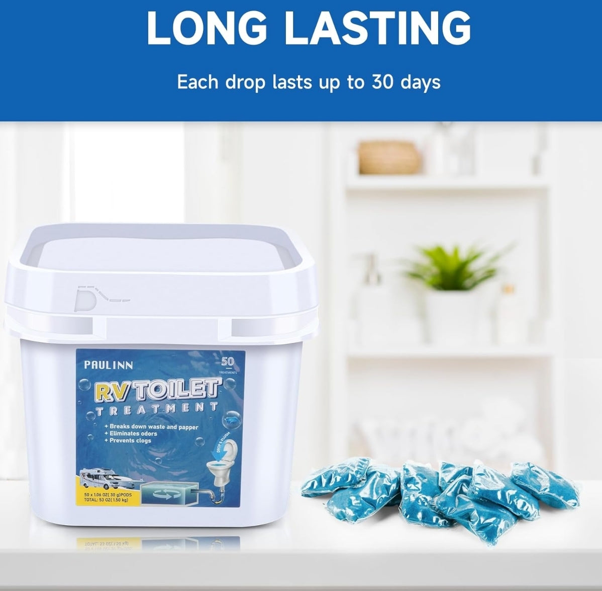 PAULINN RV Toilet Treatment Drop Ins, 50 Packs Septic Tank Treatment Pods Holding Tank Deodorizer for RV Black & Grey Water Tank Camper Mari