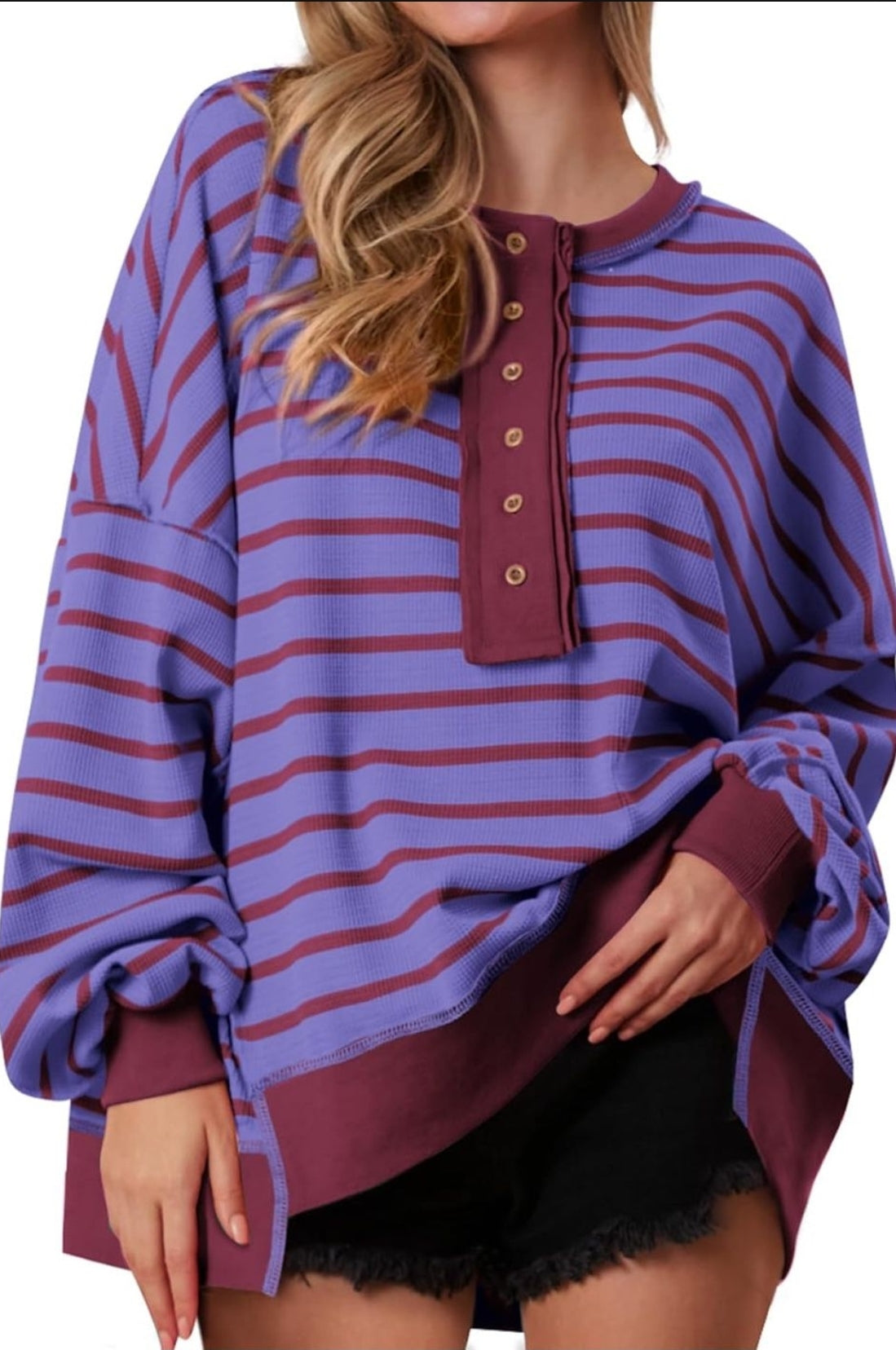 BRAND NEW PRETTYGARDEN Womens Fall 2025 Striped Oversized Sweatshirt Long Sleeve Button Up Henley Neck Waffle Knit Pullover Tunic Tops