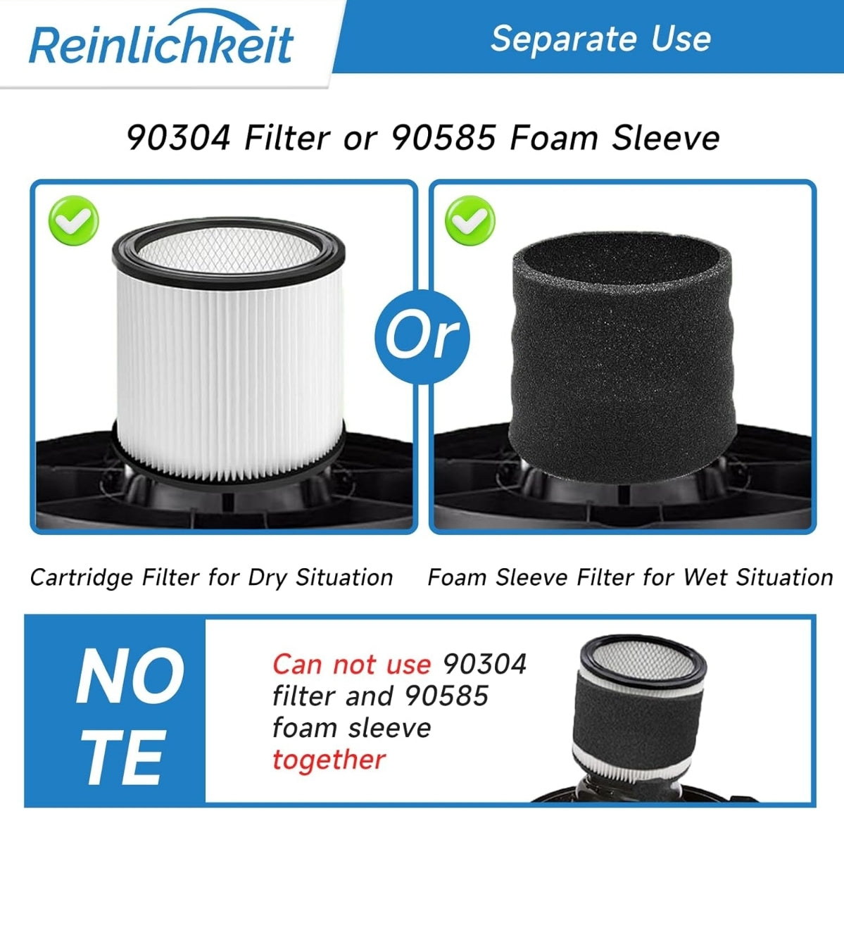 Open Box REINLICHKEIT 90304 Replacement Filter, 90585 Foam Sleeve Compatible with 90304, 90350, 90333, 90585 shopvac filters, 5 Gallon and Above Wet D