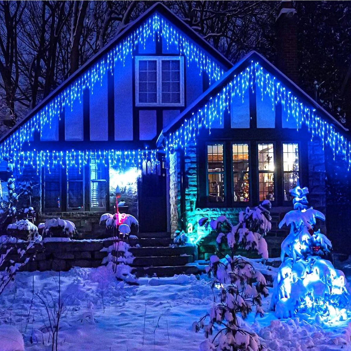 BRAND NEW NIELFOI 99ft Icicle Lights for Outside, Blue Christmas Lights Outdoor Indoor, 1216 LED Twinkle String Light with 228 Drops Short Curtain